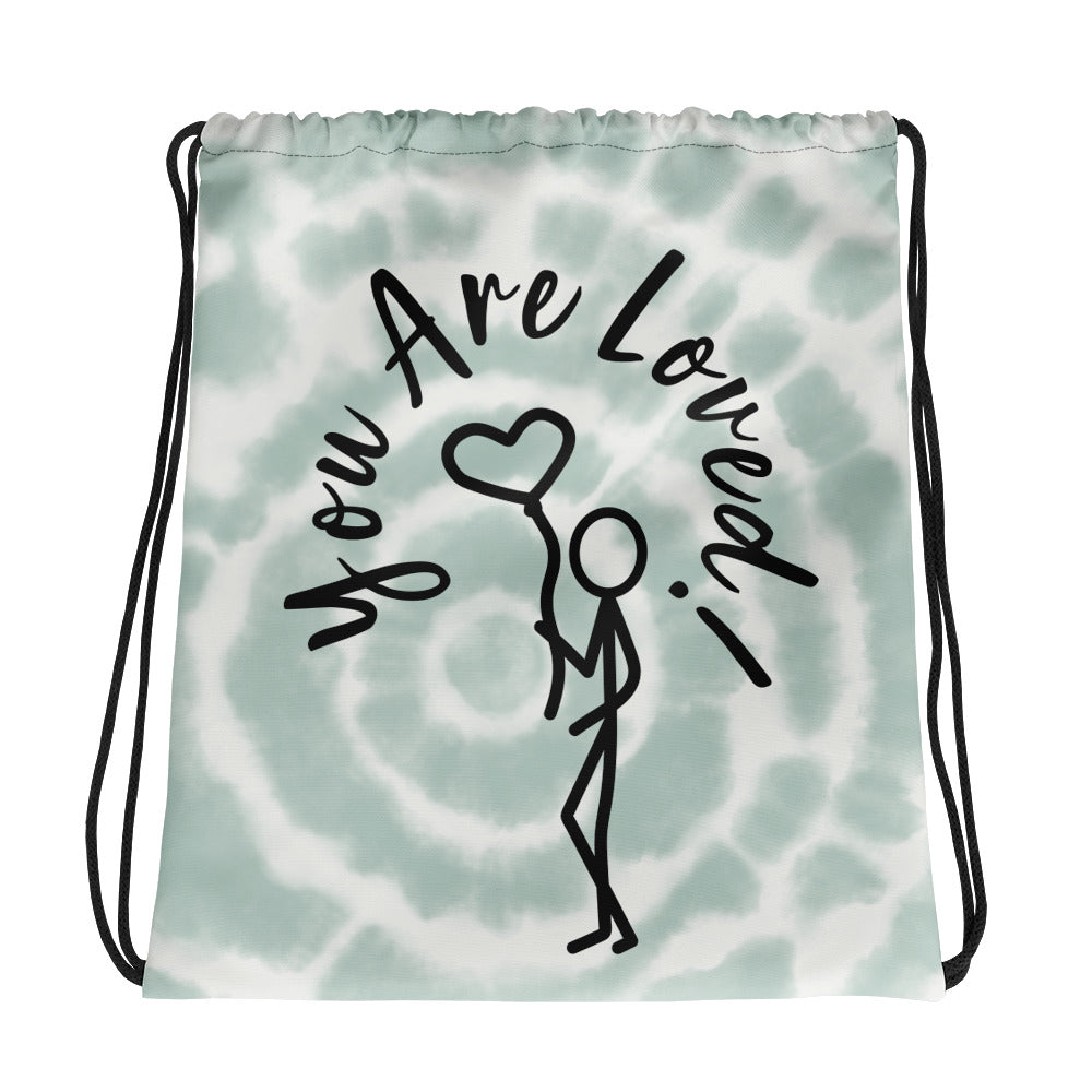 Drawstring bag - You Are Loved - Stick Figure w/Balloon - green tie dye